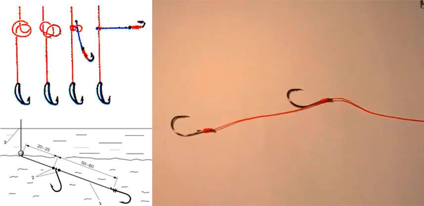 Как привязать два крючка на удочку, чтобы не путались