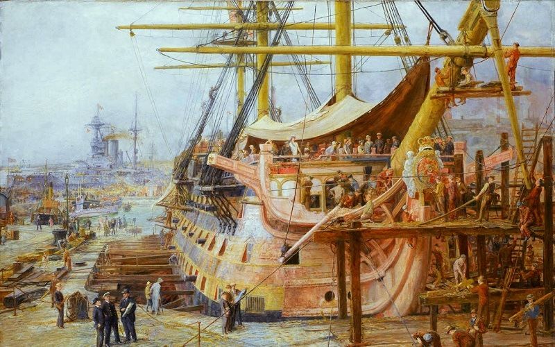 Выбивание клиньев из-под пусковых салазок во время спуска корабля