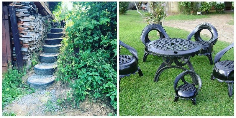 Столовая и лестница из шин