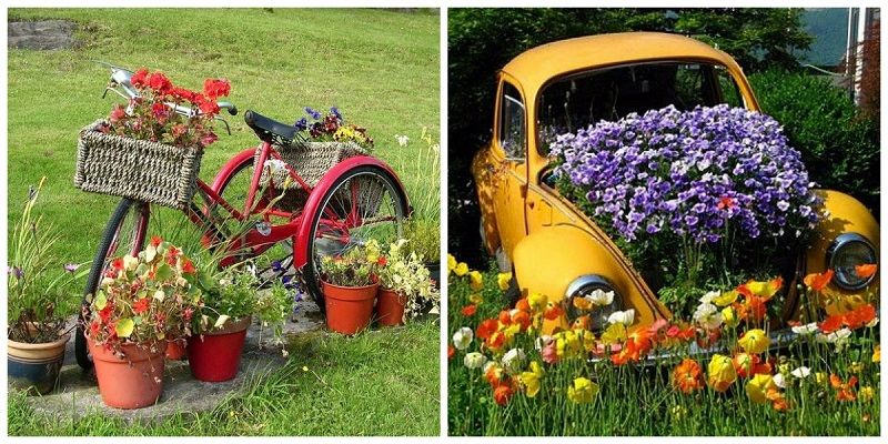Цветники - велосипеды и машины